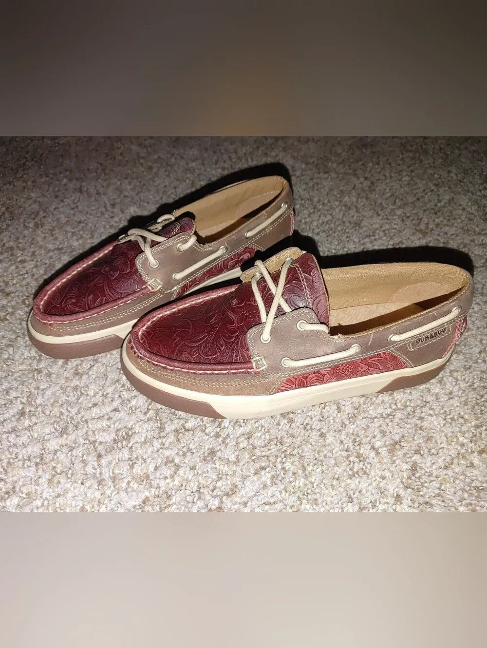 Durango Two-Tone Floral Embossed Tooled Leather Boat Shoes - Red Burgundy